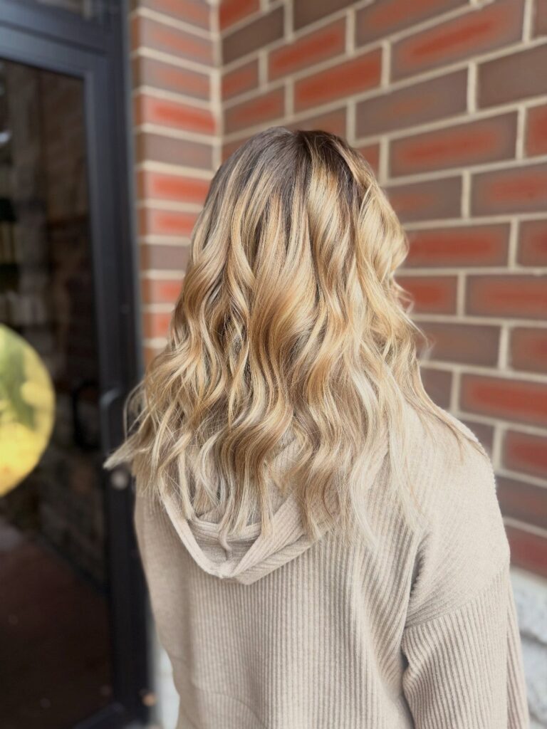 Wavy blonde and brown hair from behind against a red brick wall
