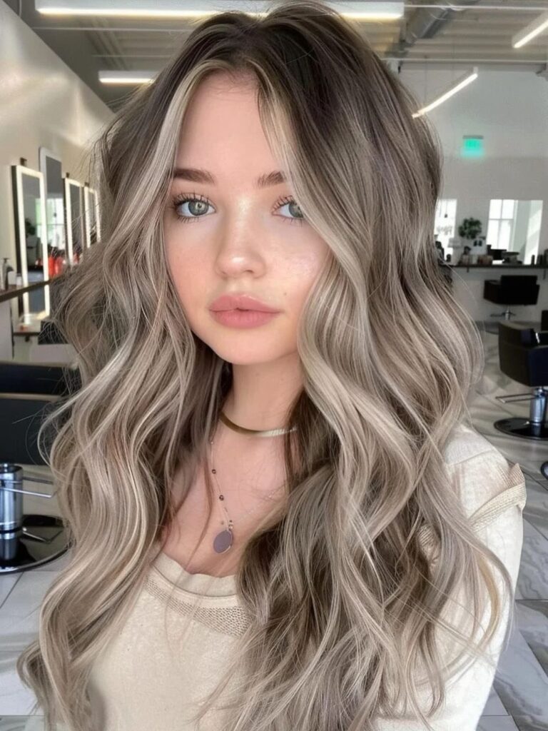 Woman with long wavy ash blonde hair posing in a modern hair salon