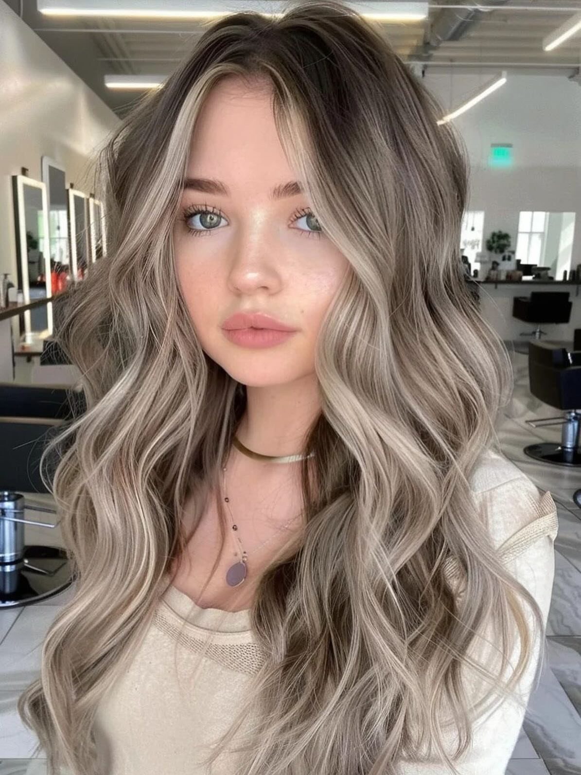 Woman with long wavy ash blonde hair posing in a modern hair salon