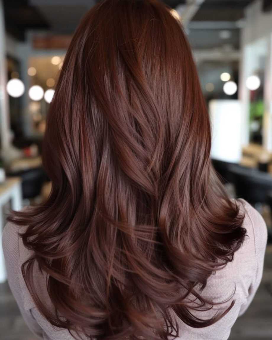 Long wavy auburn brown hair styled in glossy curls from a back view