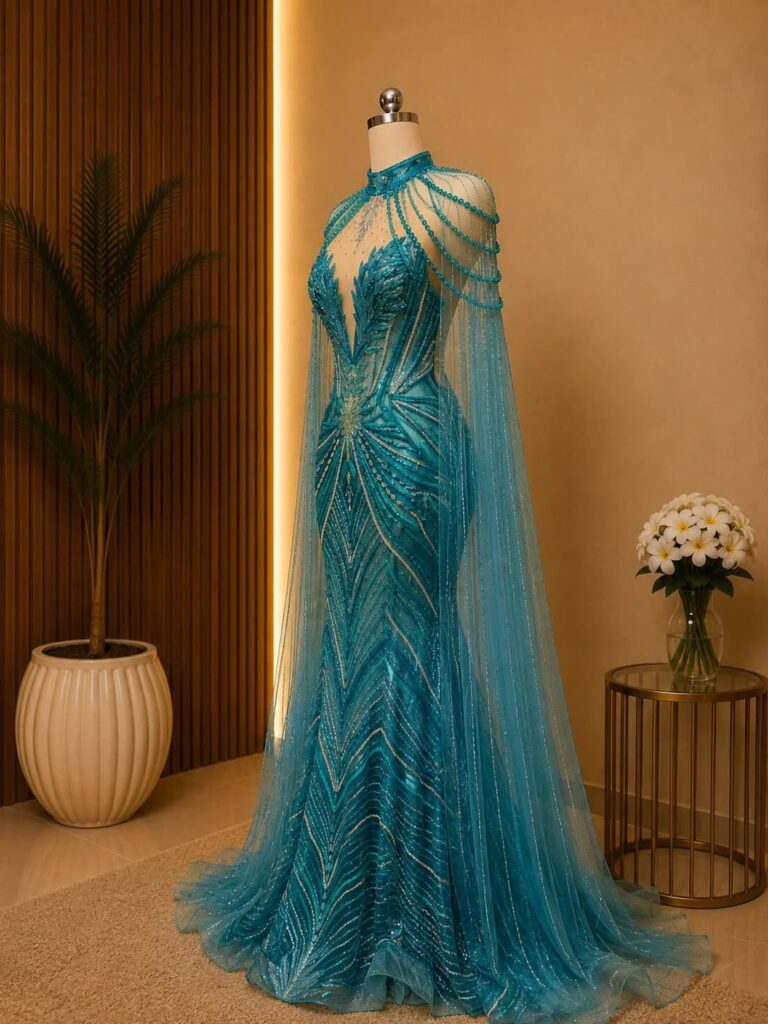 Teal-blue beaded mermaid gown with a sheer cape on a mannequin.