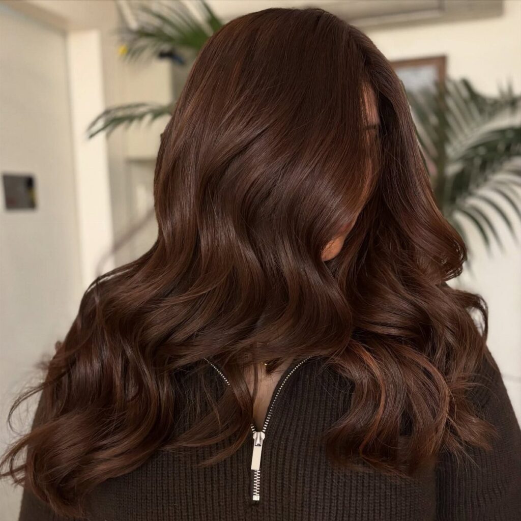Long wavy chocolate brown hair with caramel highlights on a person wearing brown.