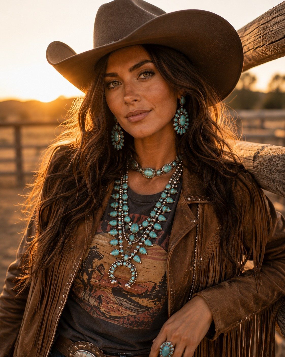Woman in cowboy hat and fringed suede jacket wearing turquoise jewelry at sunset