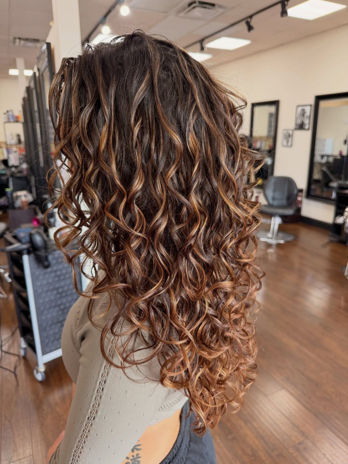 Long curly brunette hair with golden-brown highlights seen from behind in a salon
