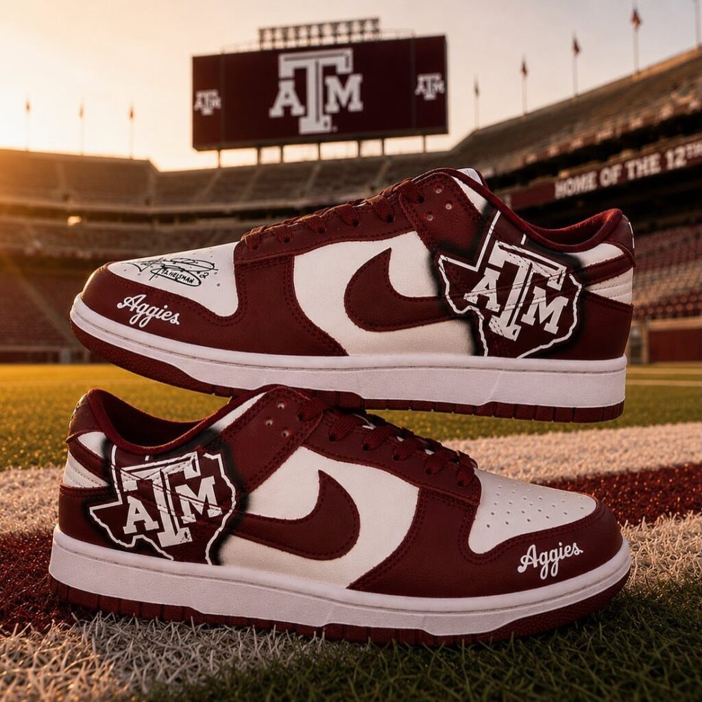 Maroon and white custom Jordan 1 sneakers with Texas A&M logos on football field
