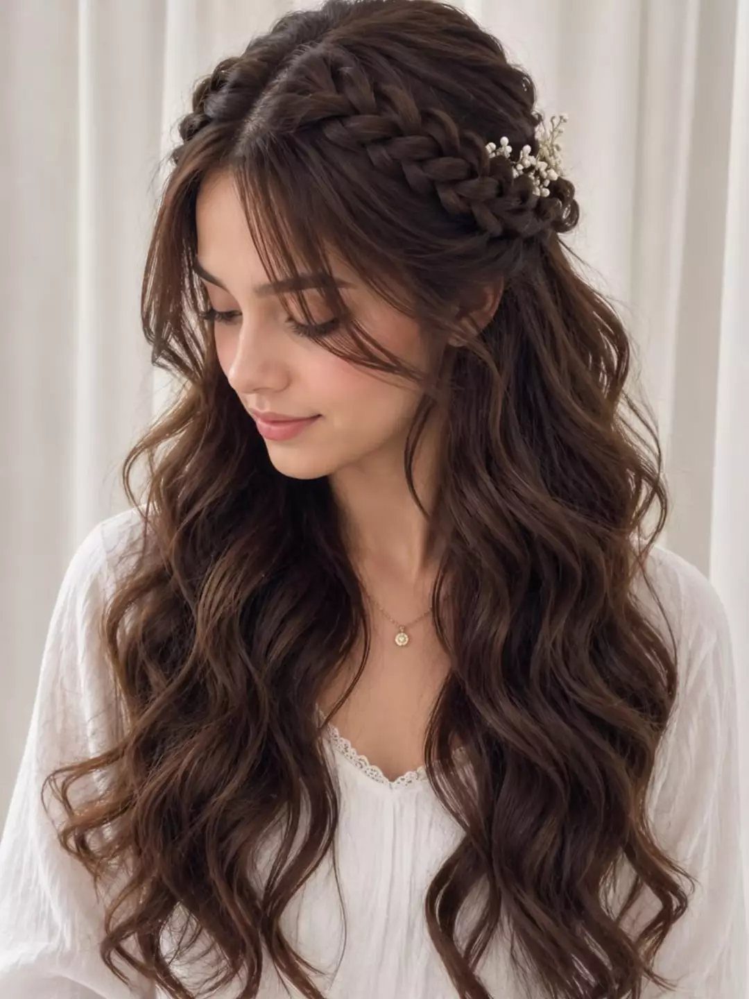 Woman with long wavy brown hair styled in a braided crown with floral pins
