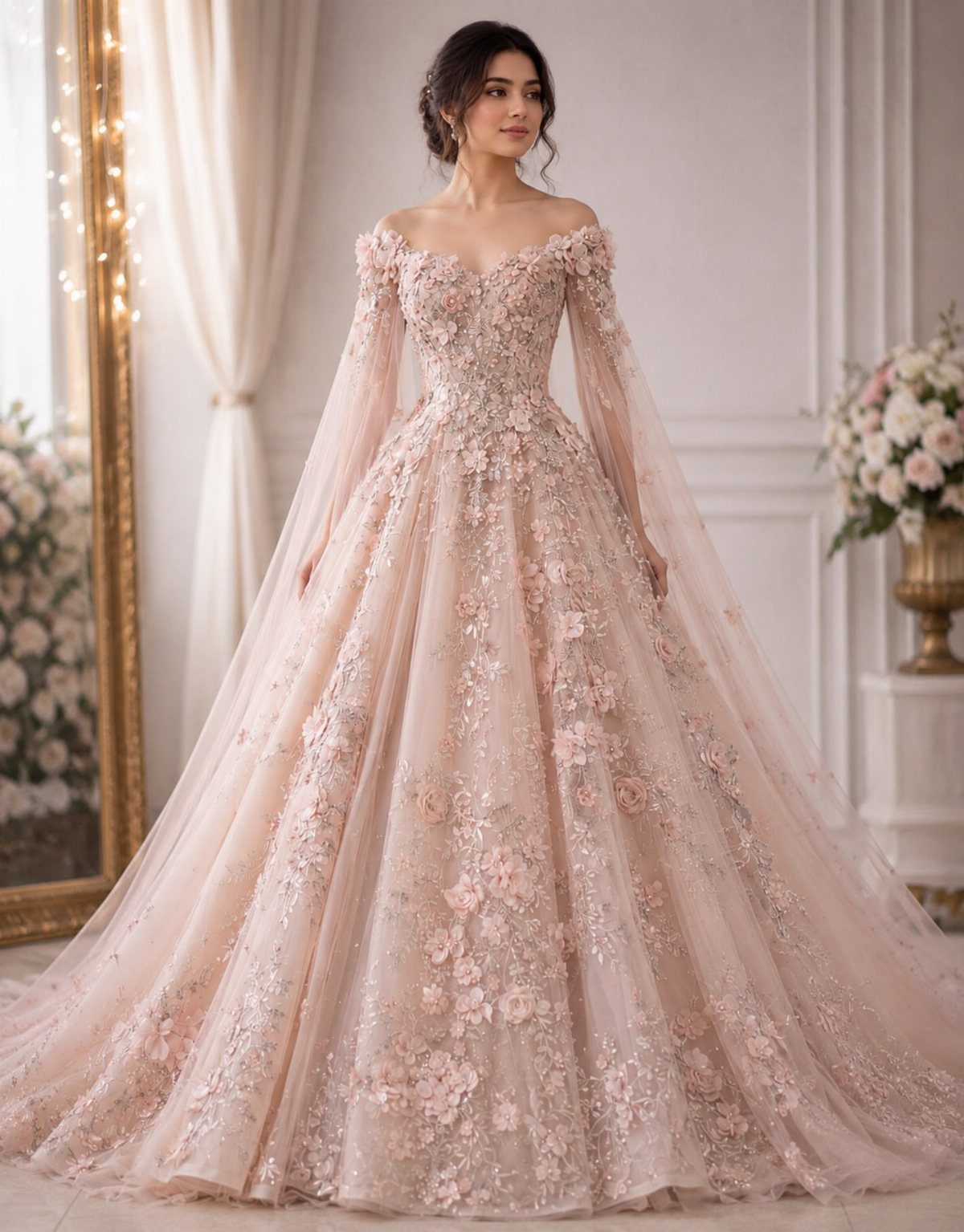 Woman in a voluminous light pink floral ballgown with shimmering sequins and off-the-shoulder sleeves.