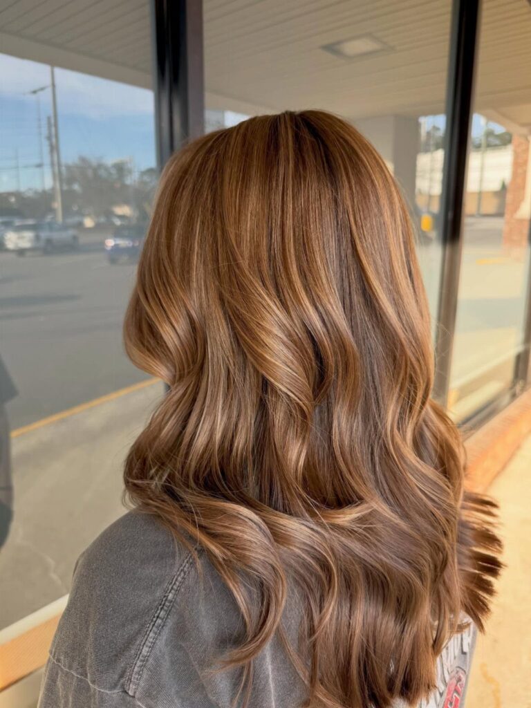 Long wavy brown hair with warm caramel highlights seen from the back.