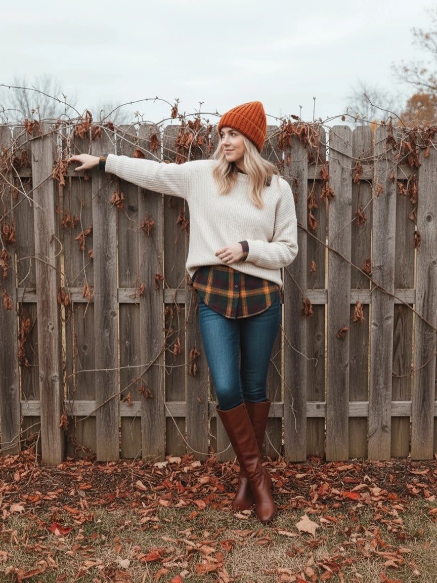 Woman wearing an orange beanie and plaid shirt standing by a wooden fence.