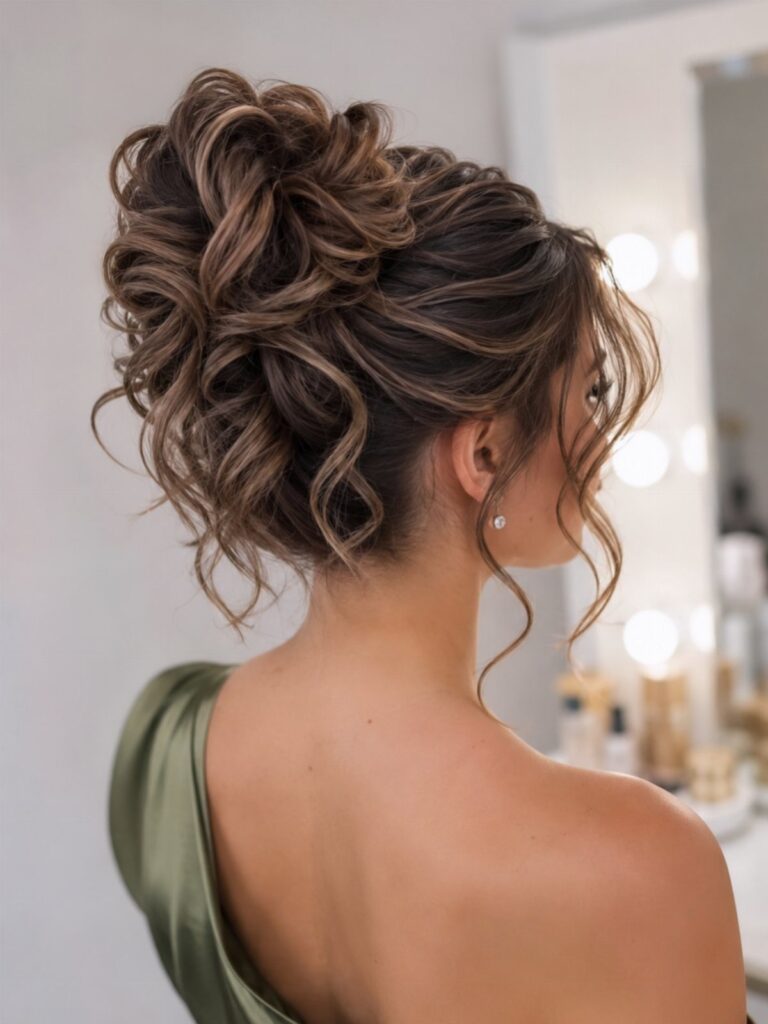 Woman with brown hair in a voluminous messy bun and loose curls.
