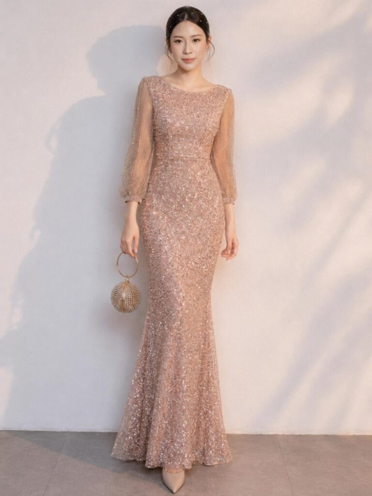 Woman in a rose-gold sequined mermaid gown holding a small gold beaded purse.
