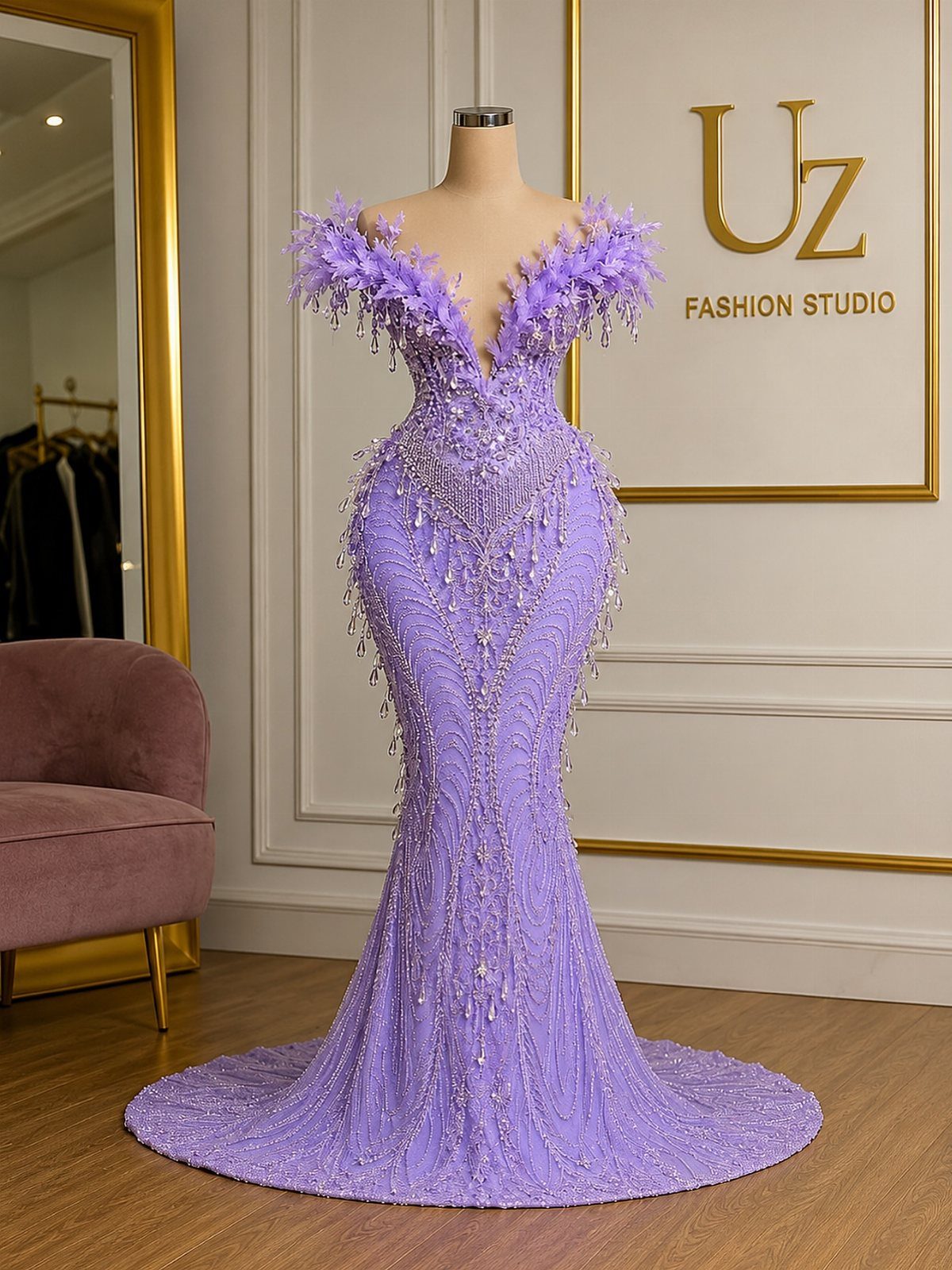 Lavender beaded prom dress with feathered shoulders on a mannequin in a studio