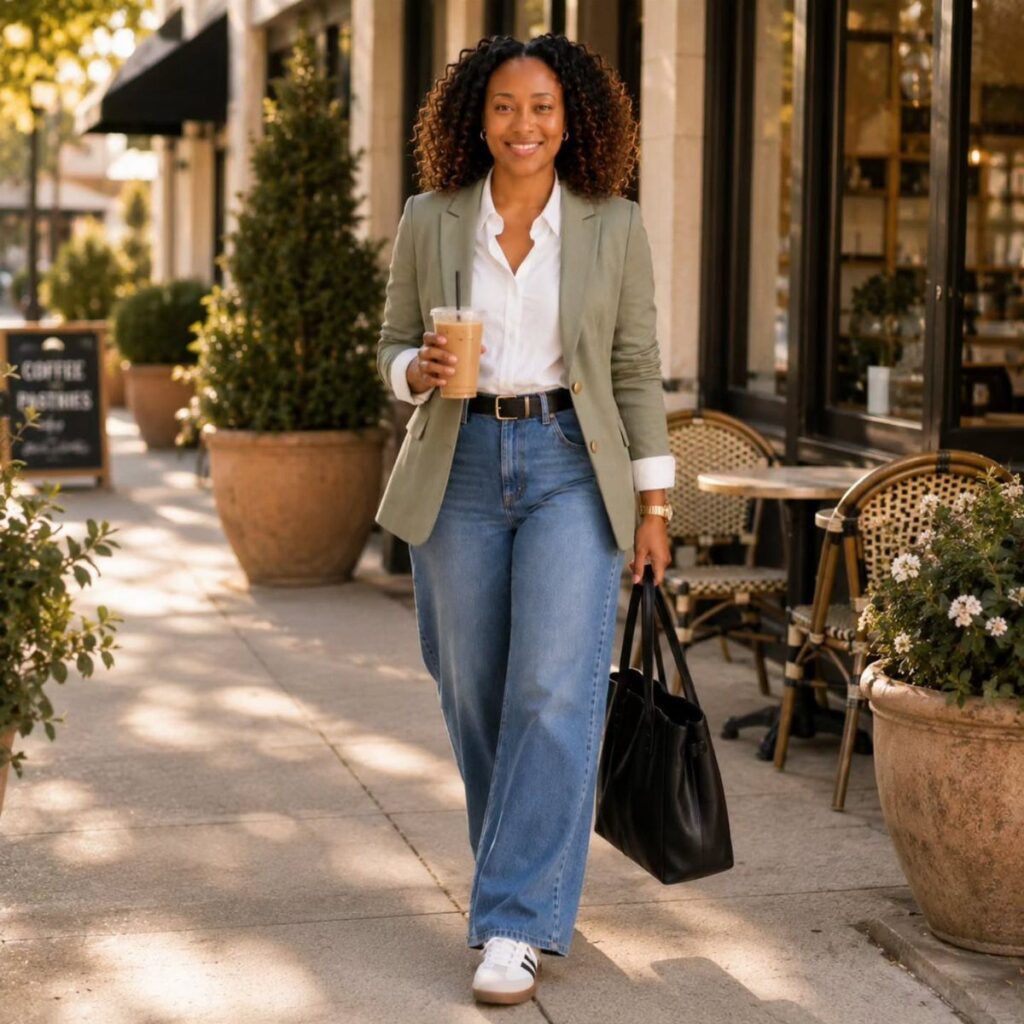 Woman wearing a green blazer and blue jeans walking on a city sidewalk
