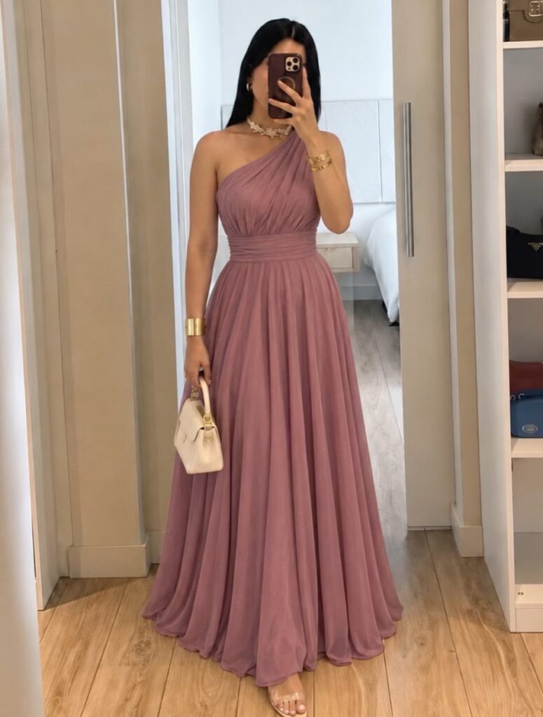 Woman in a one-shoulder mauve semi formal gown holding a white handbag.