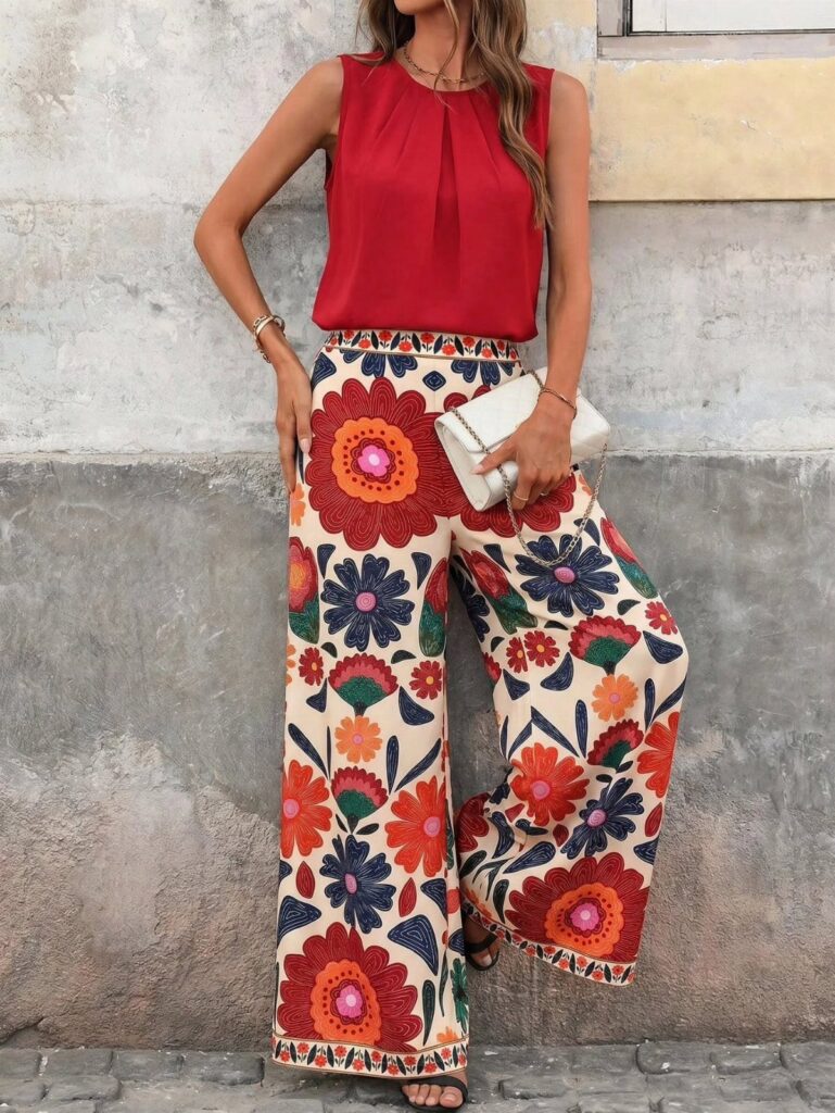 Woman wearing a red sleeveless top and colorful floral wide-leg trousers with white clutch.
